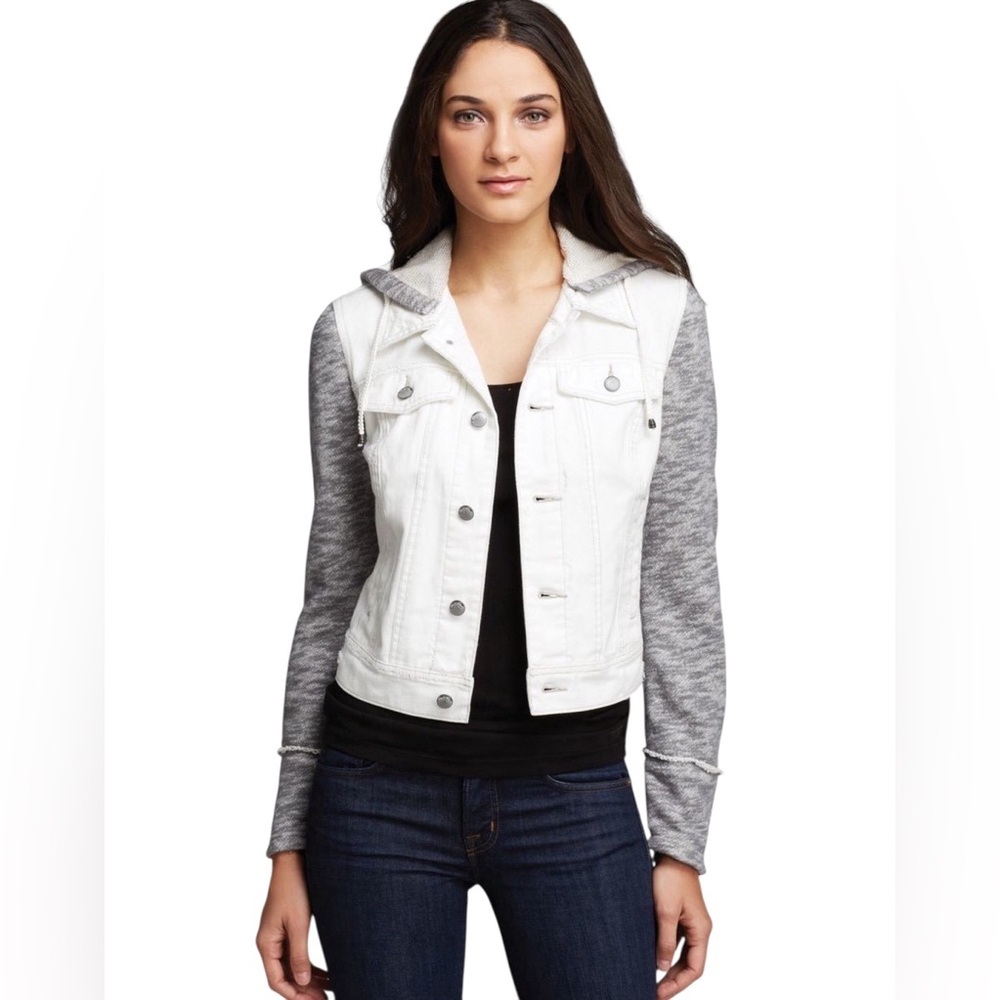 Free People Long Sleeve Hooded Denim Jacket Ivory Combo XS